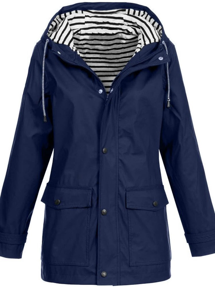 Lightweight zip-up jacket for spring outdoor wear with full-length front closure and unrestricted fit