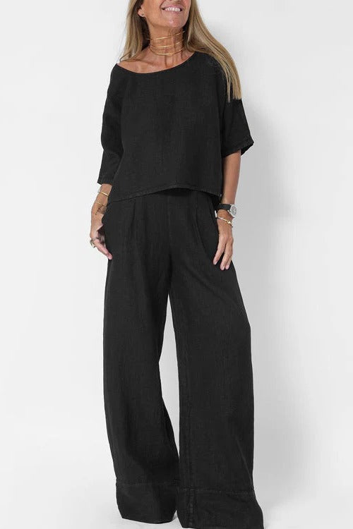 Ivory relaxed cropped top and wide-leg high-waisted trousers two-piece set with airy fit