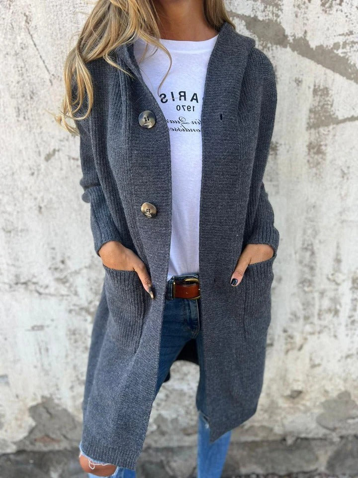 Long everyday knit cardigan straight silhouette extended length versatile cool-weather layering piece