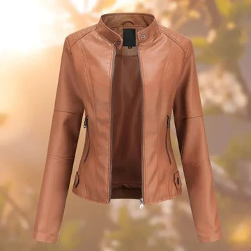 Women's black stand-collar statement jacket with metallic detailing and structured modern silhouette