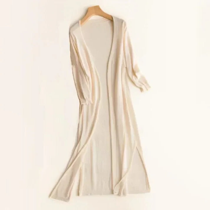 Women's long open-front cardigan in soft knit, elegant drape for work and weekend layering