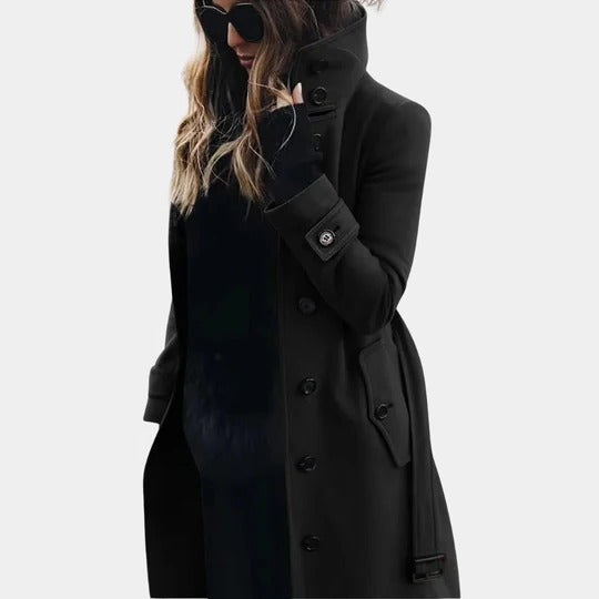 Women's full-length insulated trench coat in black or dark gray with adjustable belt for cold weather