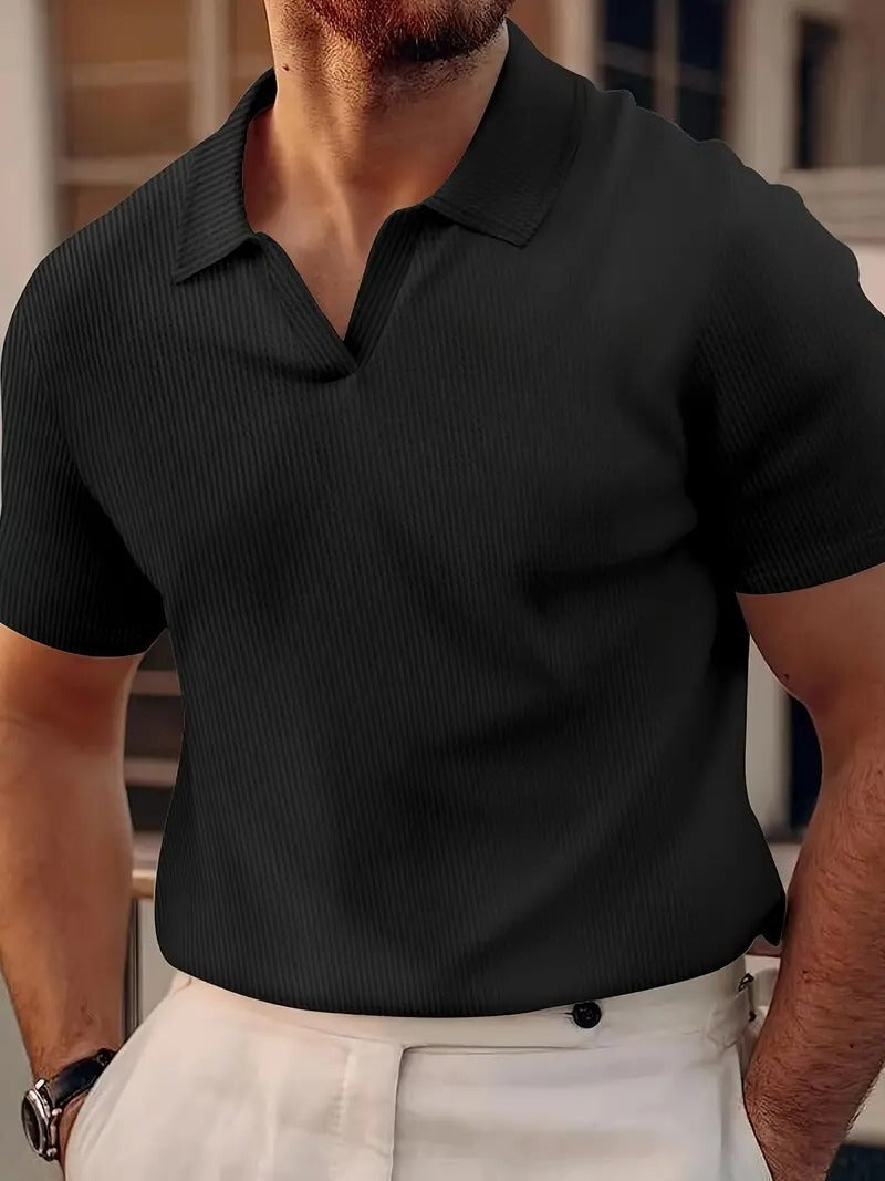Men's light grey waffle knit polo shirt short sleeve casual top with textured finish