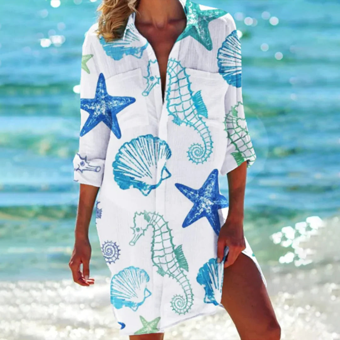 Women's tropical print shirt dress 3/4 sleeve relaxed fit coral botanical watercolor beach cover-up