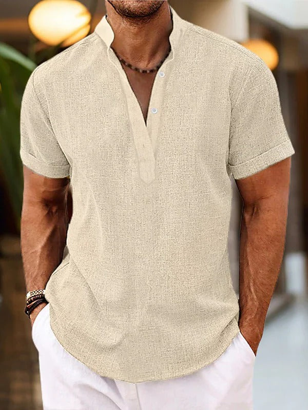 Wavlynn men's short sleeve Henley shirt with button placket mandarin collar relaxed fit casual top