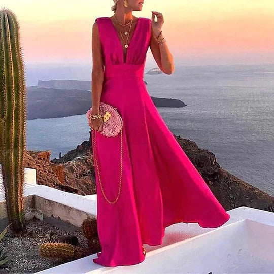 Women's floral sleeveless maxi dress deep V-neck tropical print vacation style bold colors