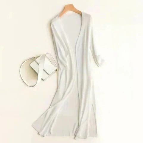 Women's long open-front cardigan soft lightweight knit elegant layering piece for work and weekend