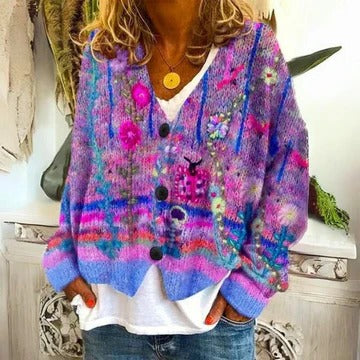 Women's floral pattern lightweight knit pullover sweater with delicate vibrant motifs, cozy year-round fit
