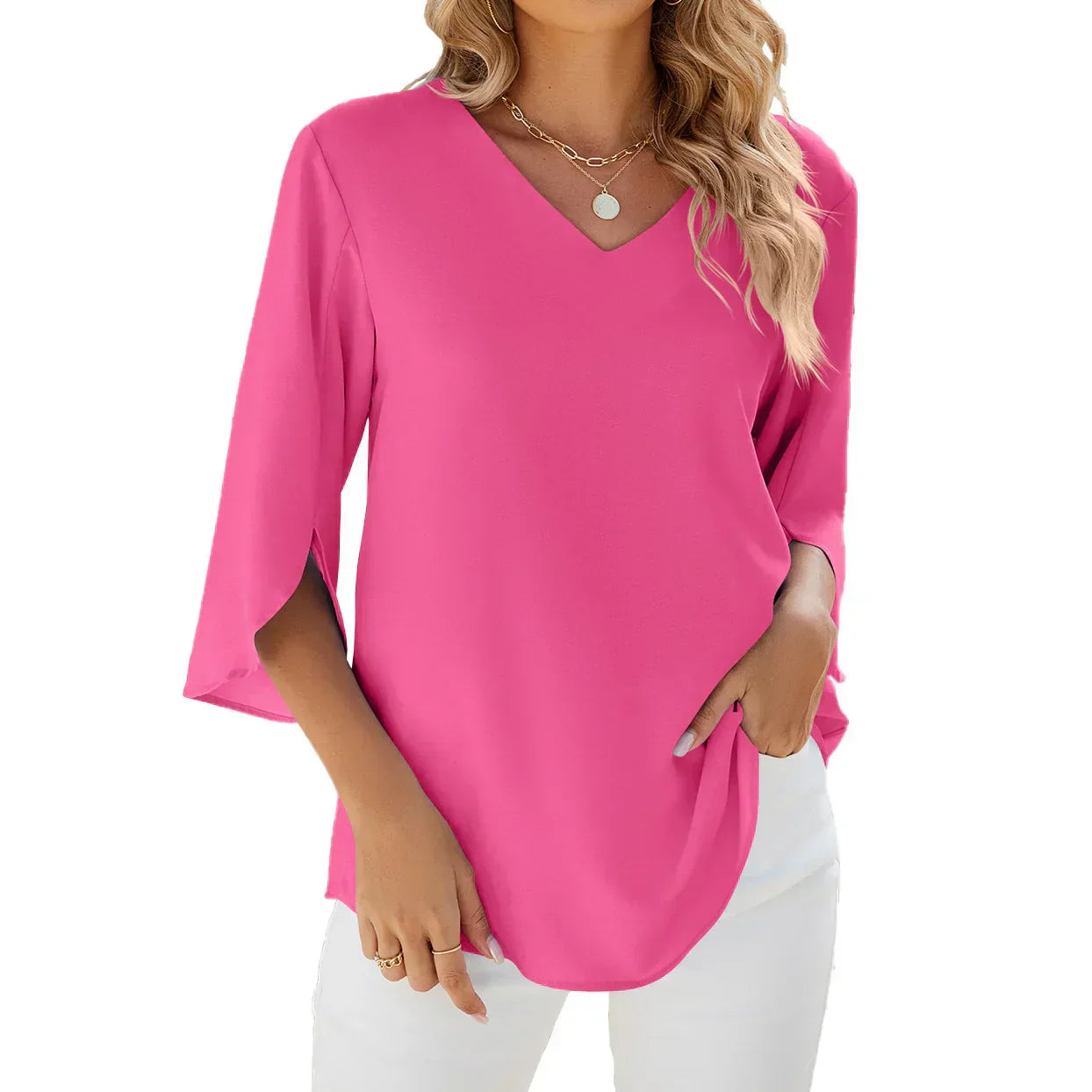 Women's white lightweight V-neck blouse with airy fabric and relaxed elegant silhouette