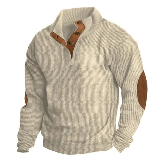 Men's neutral tone pullover sweater with stand collar, three-button placket, and textured knit