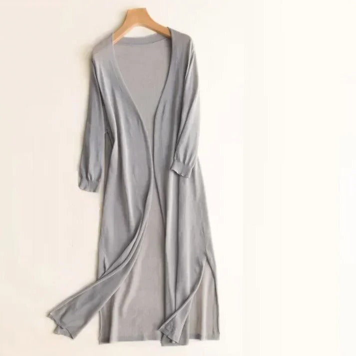 Women's long open-front cardigan in soft knit, elegant drape, versatile layering piece for work and weekend