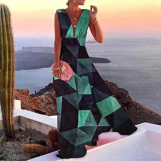Women's floral sleeveless maxi dress deep V-neck tropical print vacation style bold colors