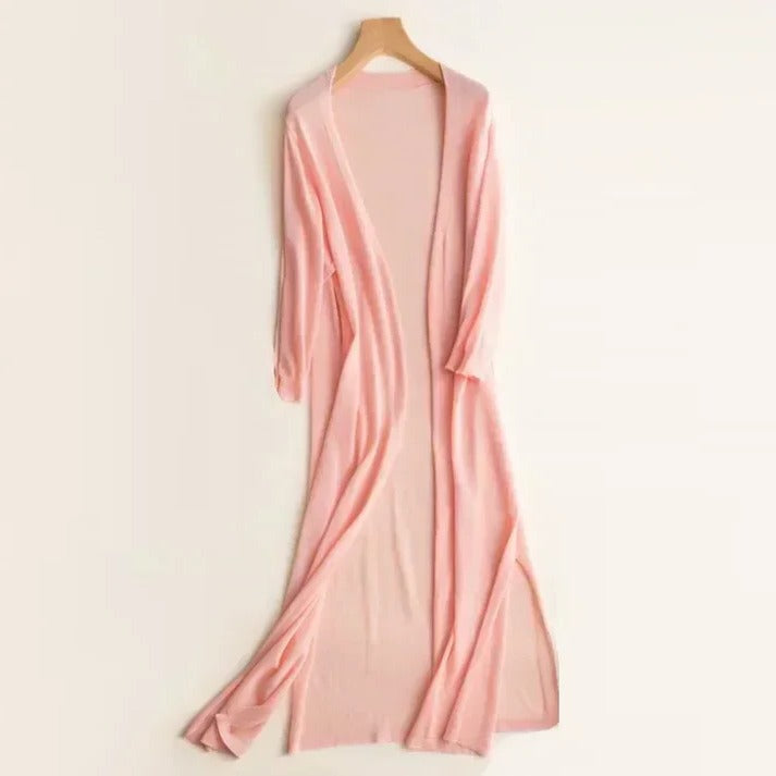 Women's long open-front cardigan in soft neutral knit, elegant draped silhouette for work and weekend
