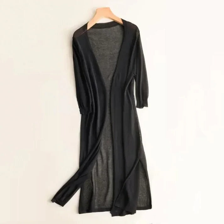Women's long open-front cardigan in soft lightweight knit, elegant drape for work and weekend styling