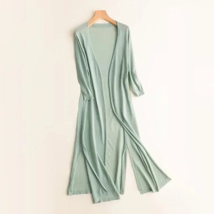 Women's long open-front cardigan in soft lightweight knit, elegant drape for work and weekend layering