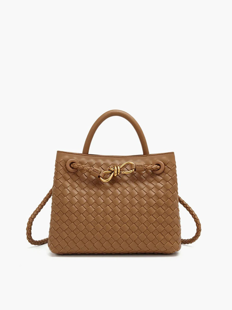 Black structured woven tote bag with dual carry straps and gold knot accent, everyday versatile handbag