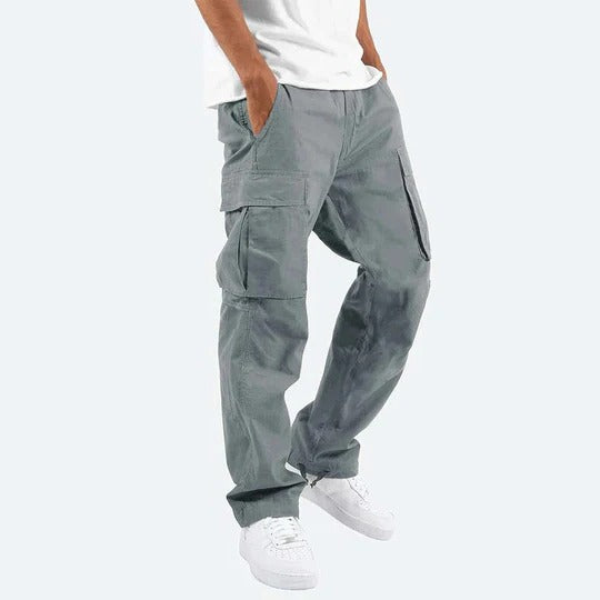 Men's khaki straight-fit cargo pants with multiple utility pockets for work and everyday wear