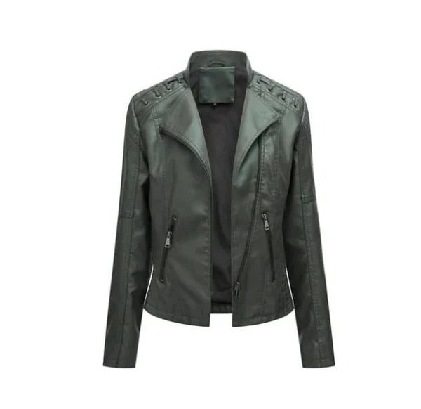 Women's brown vintage leather jacket tailored fit structured silhouette modern everyday chic style