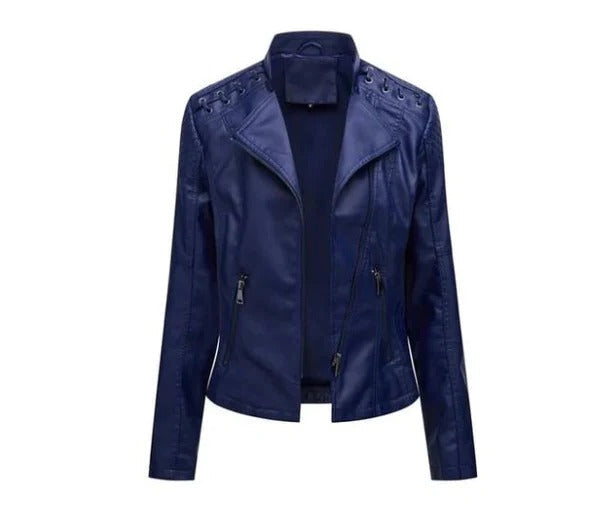Women's brown vintage leather jacket tailored slim fit with structured silhouette for everyday chic