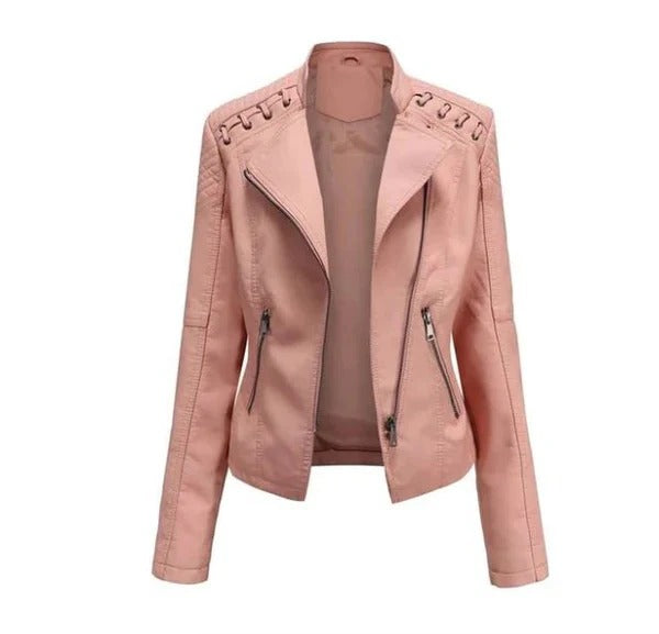 Women's brown vintage leather jacket tailored slim fit with structured silhouette for everyday chic