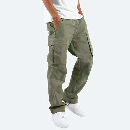 Men's beige straight-fit cargo utility trousers with multiple secure side pockets for work