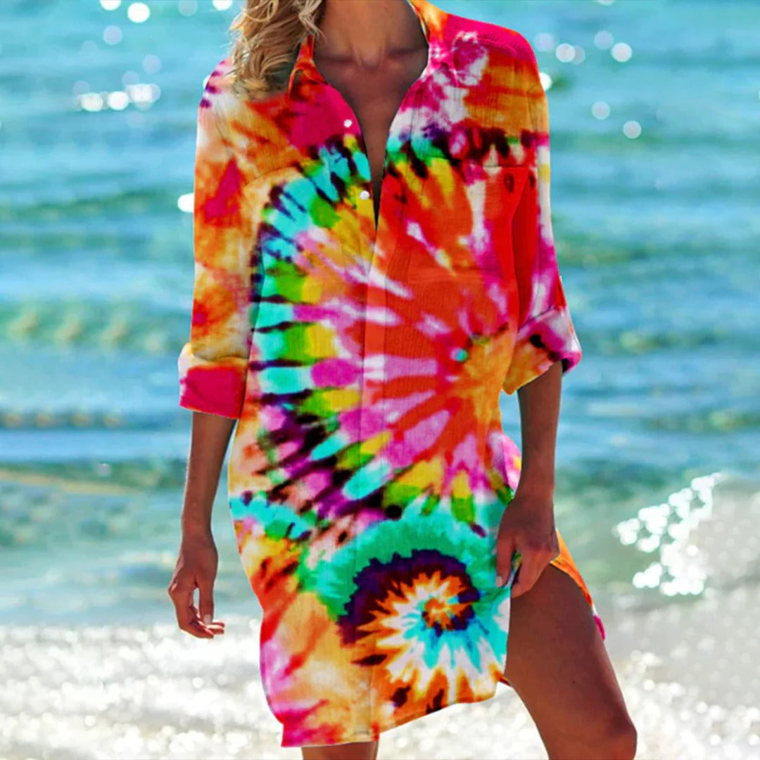 Women's tropical print shirt dress 3/4 sleeve relaxed fit coral botanical watercolor beach cover-up