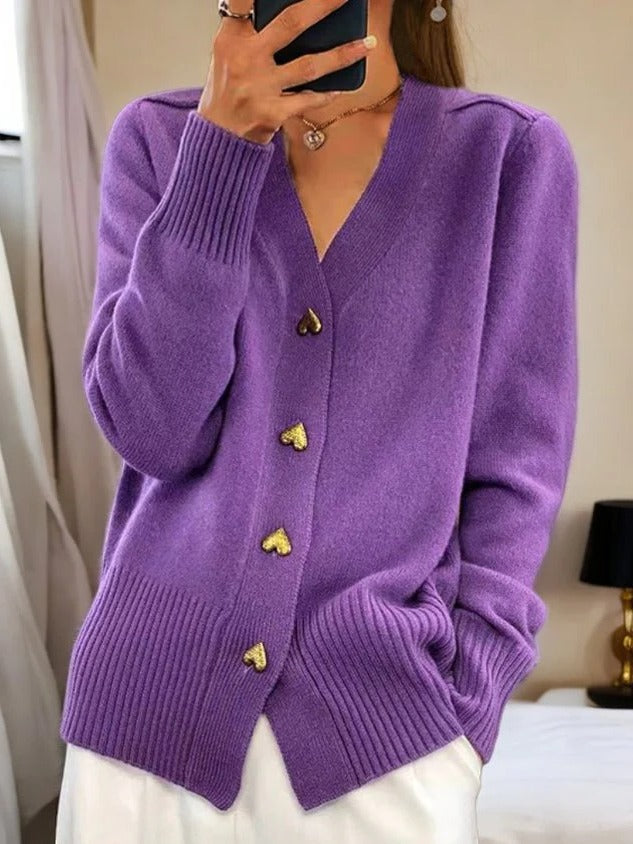 Women's elegant warm knit cardigan with heart-shaped buttons, cozy layering piece for casual or polished looks