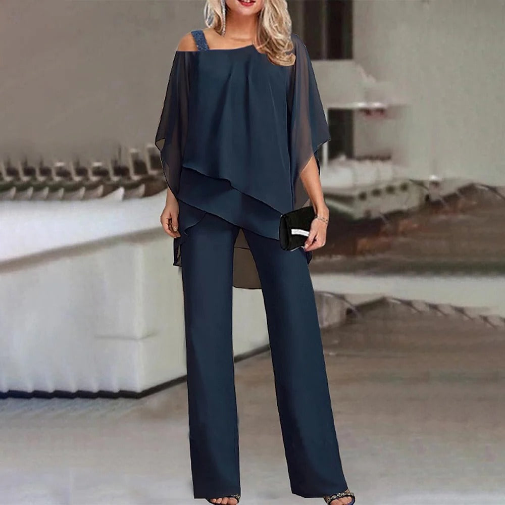 Women's cold shoulder wide leg jumpsuit in chiffon overlay, flowing silhouette for elegant occasions