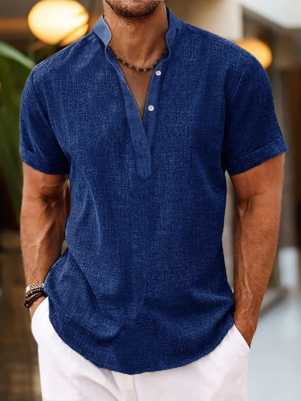 Wavlynn men's short sleeve Henley shirt with mandarin collar button placket relaxed casual fit
