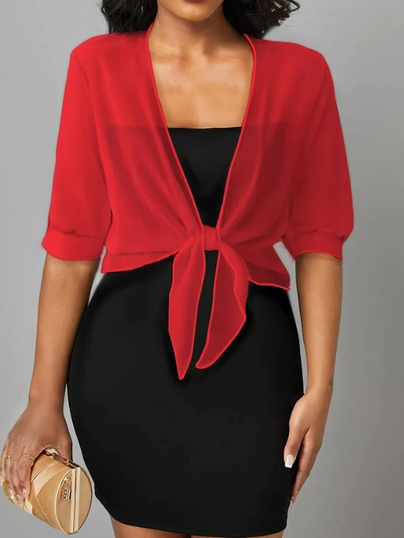 Women's sheer open-front blouse with tie hem knot and 3/4 sleeves, lightweight breezy spring top