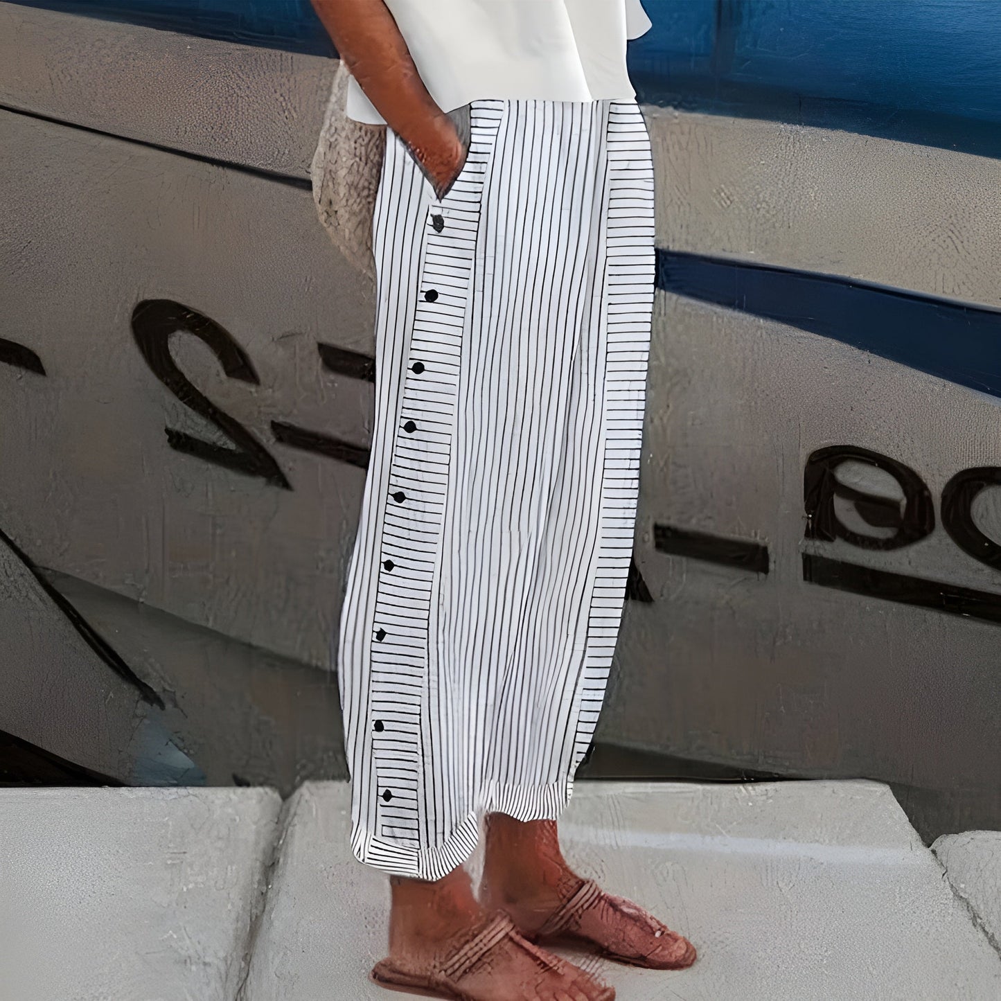 Ankle-length straight linen-cotton blend pants with soft vertical stripes, relaxed fit for effortless everyday style