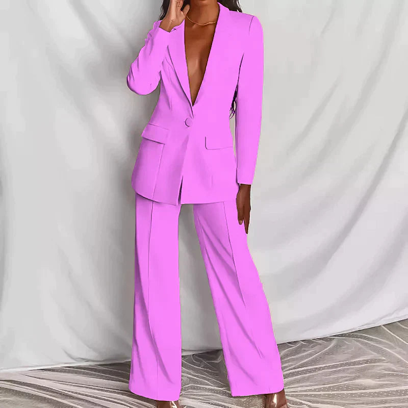 Women's ivory tailored blazer and wide-leg pants two-piece set with high-waist elegant fit
