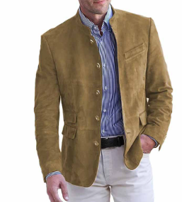 Men's slim fit suede-style casual blazer in neutral tone with stand-up collar for office to evening wear