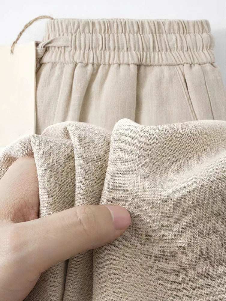 Cropped linen blend pants relaxed loose fit with pleated details and elastic drawstring waist