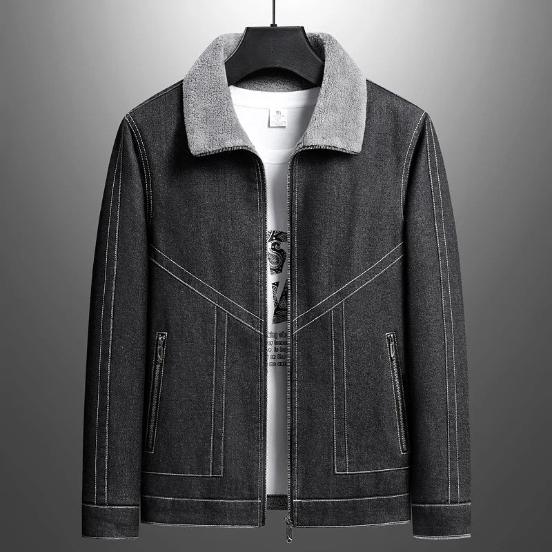 Slim-fit blue denim jacket with full fleece lining, thick fleece collar, and embroidered double stem stitch detailing