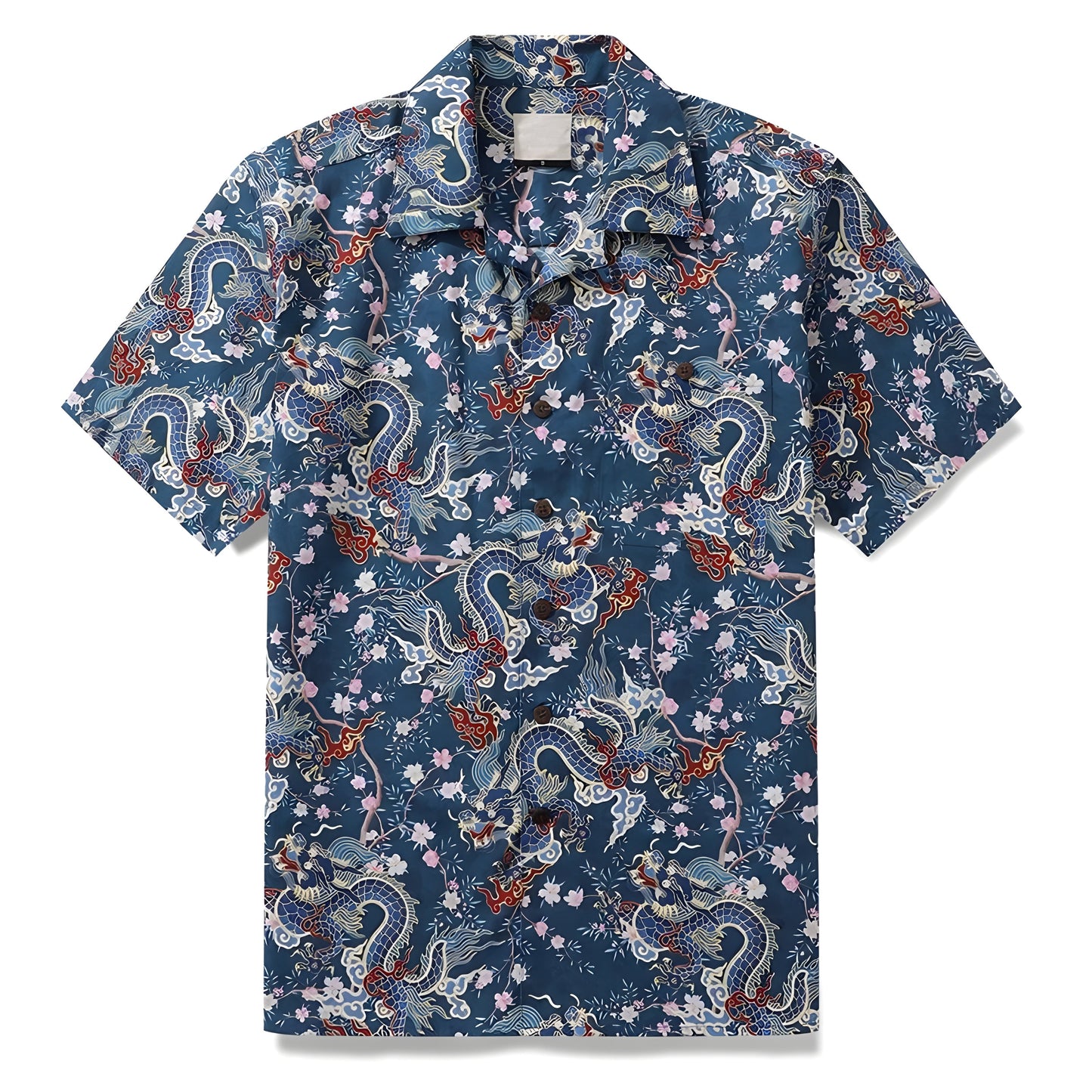 Warm-toned Eastern dragon print shirt, breathable cotton canvas, short sleeves, turn-down collar
