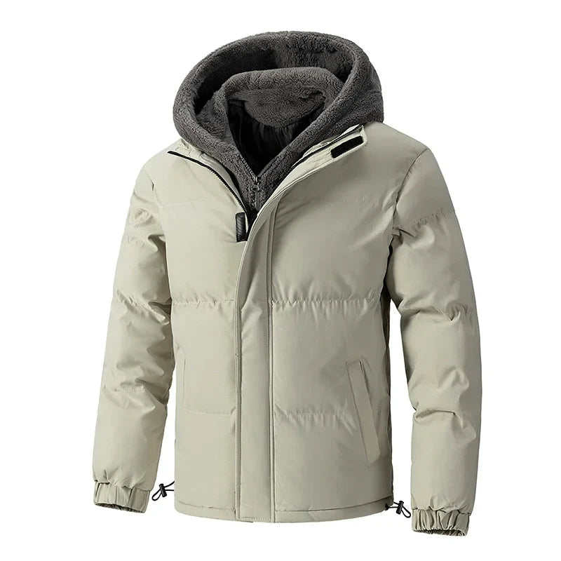 Black quilted puffer hoodie with bold sherpa-lined hood, dual zip-velcro closure, cinched cuffs