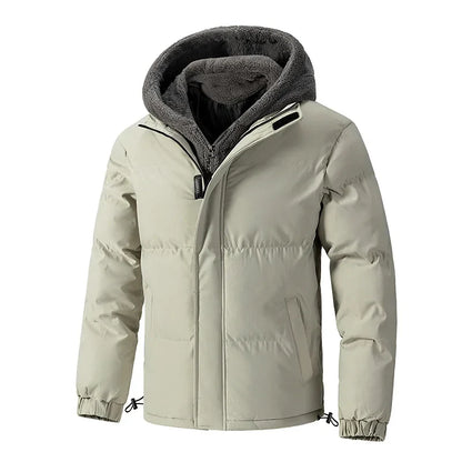Black quilted puffer hoodie with bold sherpa-lined hood, dual zip-velcro closure, cinched cuffs