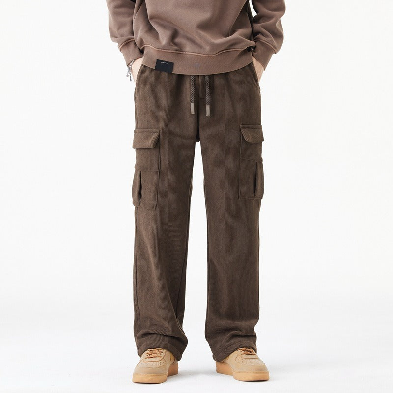 Men's ribbed cargo pants in relaxed wide-leg fit with elastic drawstring waist for everyday comfort