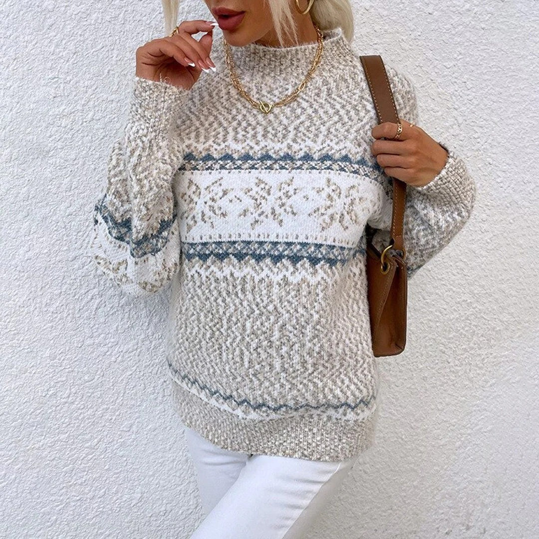 Women's oversized cream knit mock neck sweater with classic Fair Isle pattern