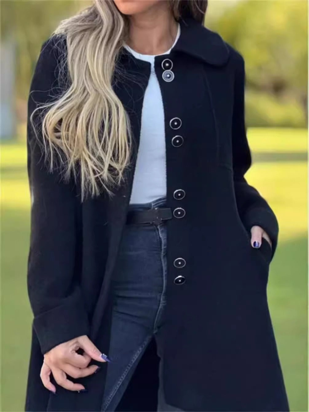 Women's camel wool blend relaxed fit knee-length coat with distinctive rounded lapel collar