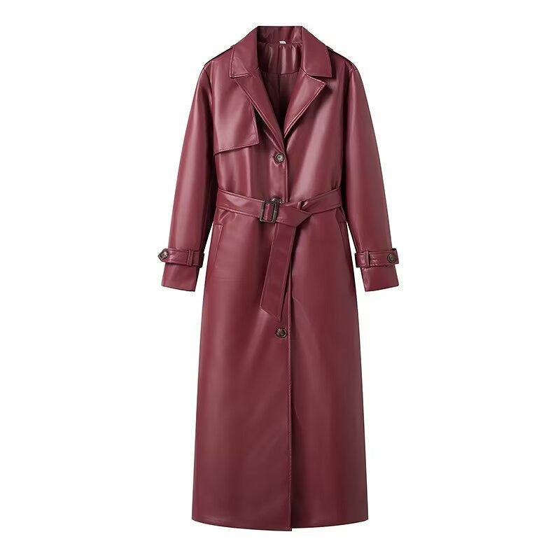 Women's black faux leather maxi trench coat with relaxed silhouette, office-to-evening chic style