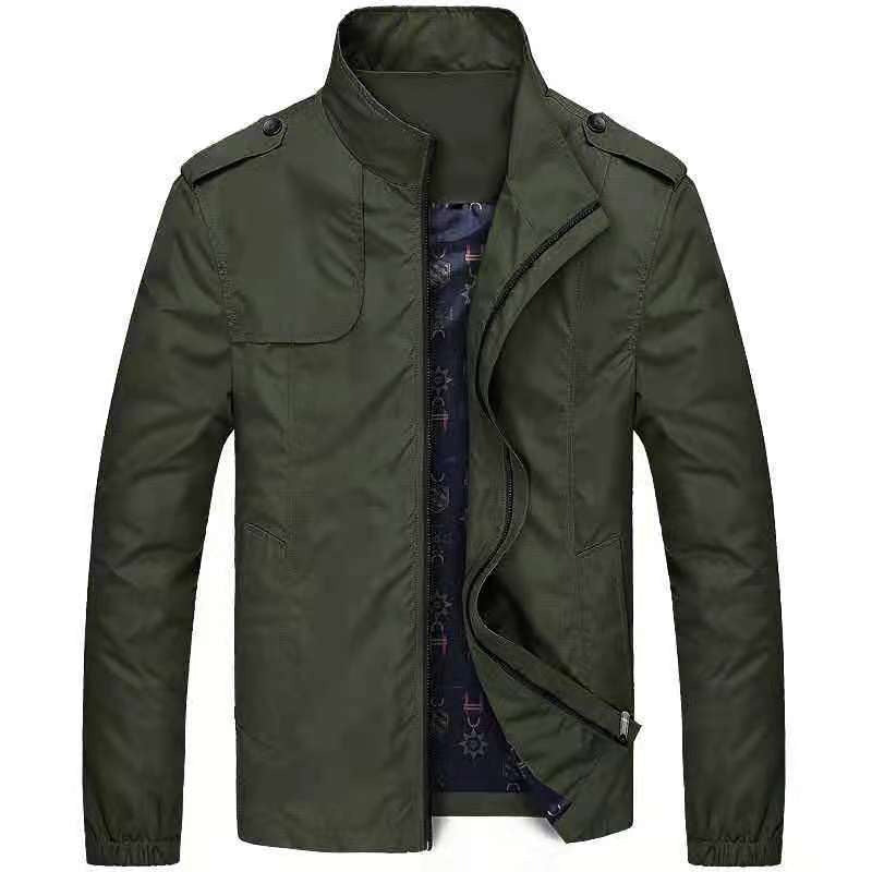 Men's slim fit woven blend jacket with stand collar and dual zippers in modern casual style