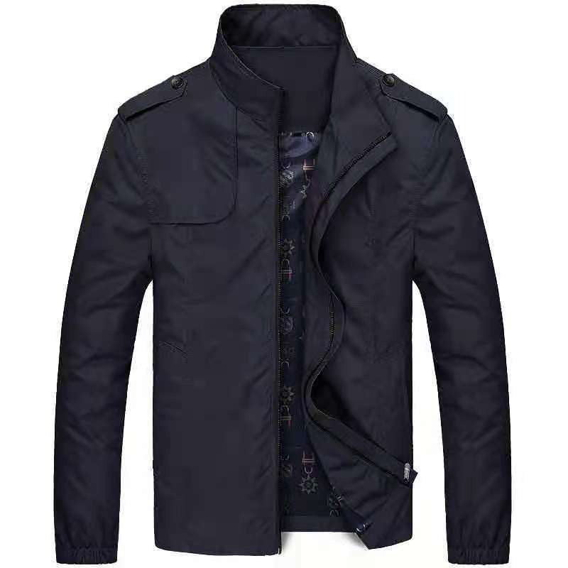 Men's slim fit woven blend jacket with stand collar and dual zippers in modern casual style