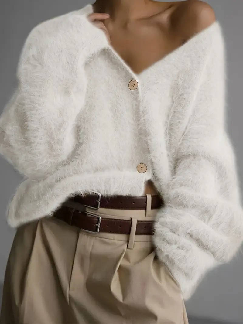 Women's fuzzy cropped cardigan in soft plush knit with button closure, cozy relaxed silhouette