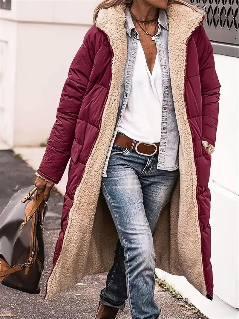 Women's long quilted coat with hood, cozy fleece-lined winter coat in classic solid color