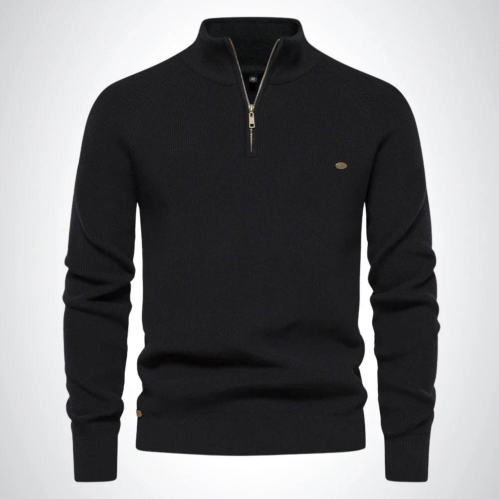 Men's gray quarter zip sweater cotton-poly blend classic knit with half-zip closure for office wear