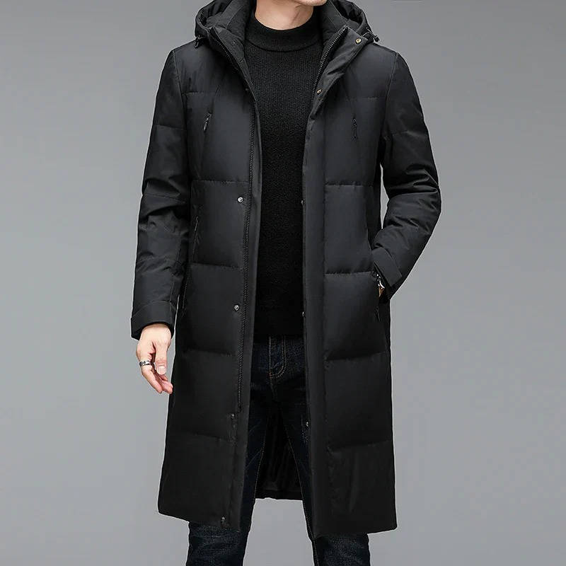 Men's longline puffer jacket with hood, insulated slim-fit winter coat with extended coverage