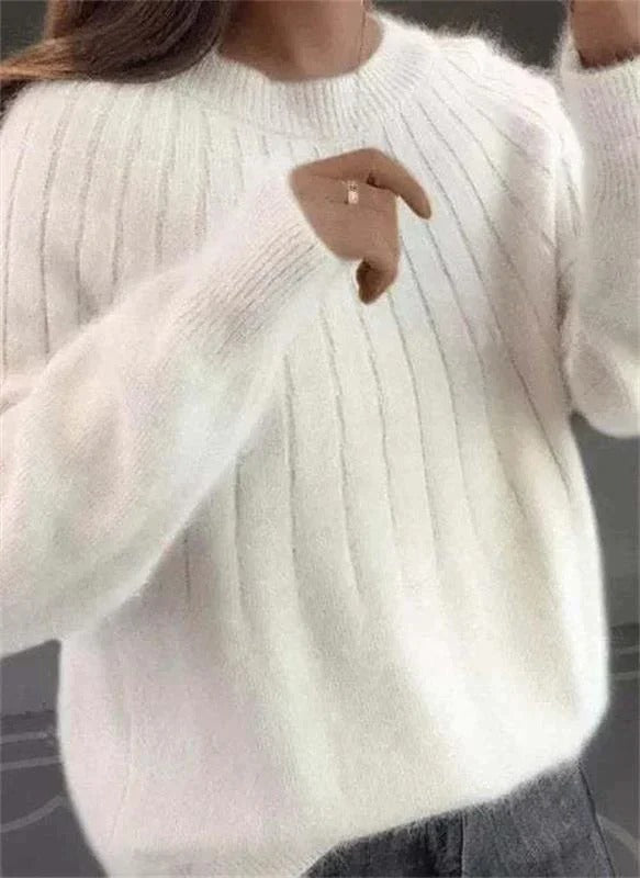 Women's mohair-cashmere ribbed knit sweater in cozy stretch fit with cloud-soft luxurious texture