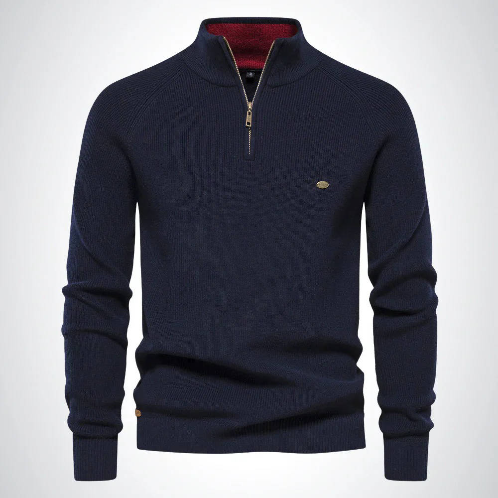 Men's quarter zip sweater in classic knit cotton-poly blend, casual office wear with half-zip closure